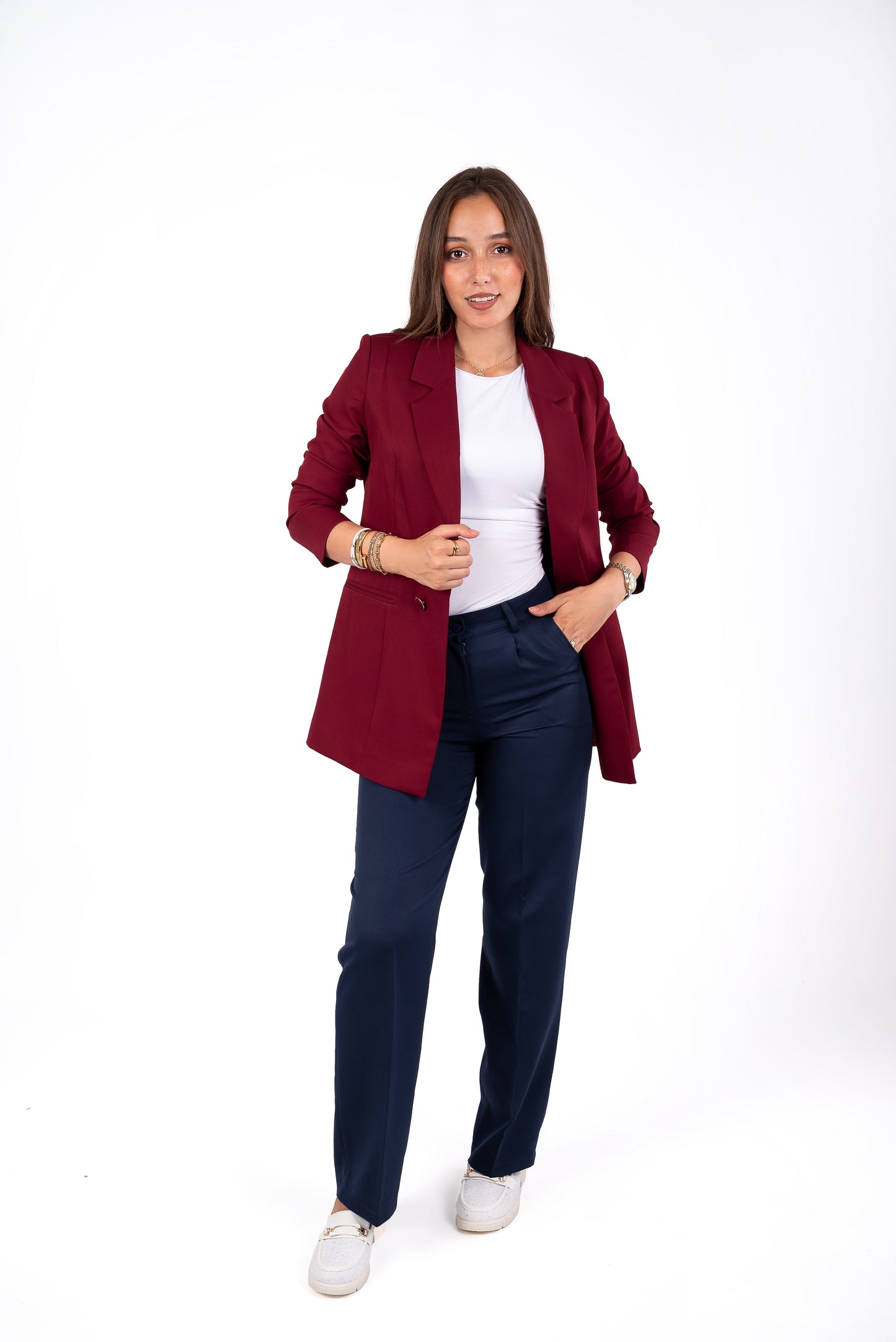 Double-Buttoned Blazer - In Burgundy - Fully Lined