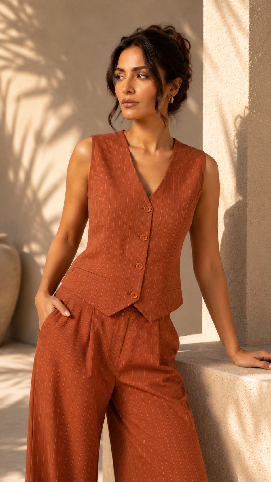 Classic Vest Linen Set - In Camel