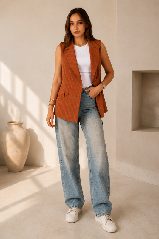 Crossover Striped Linen Vest - In Camel