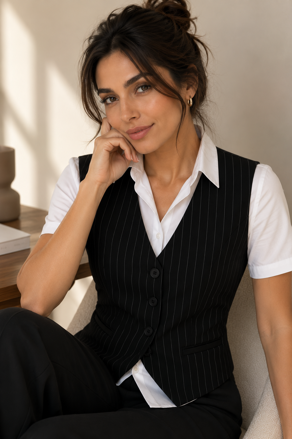 Striped Linen Vest - In Black / White