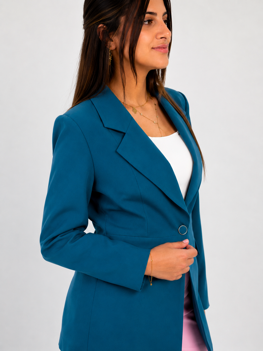 One-Button Essential Blazer - In Teal - Without Lining