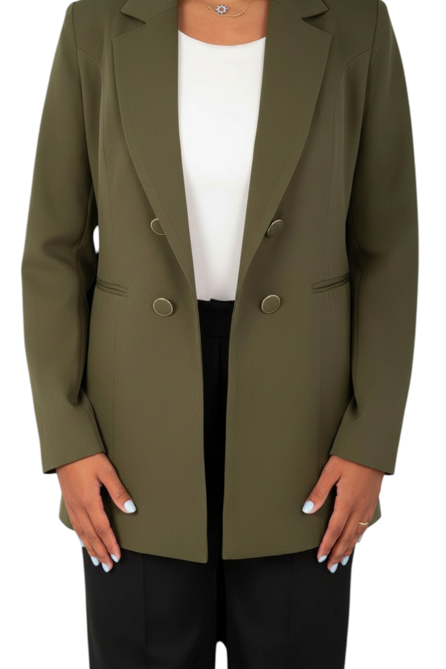 Double-Buttoned Blazer - In Olive - Fully Lined