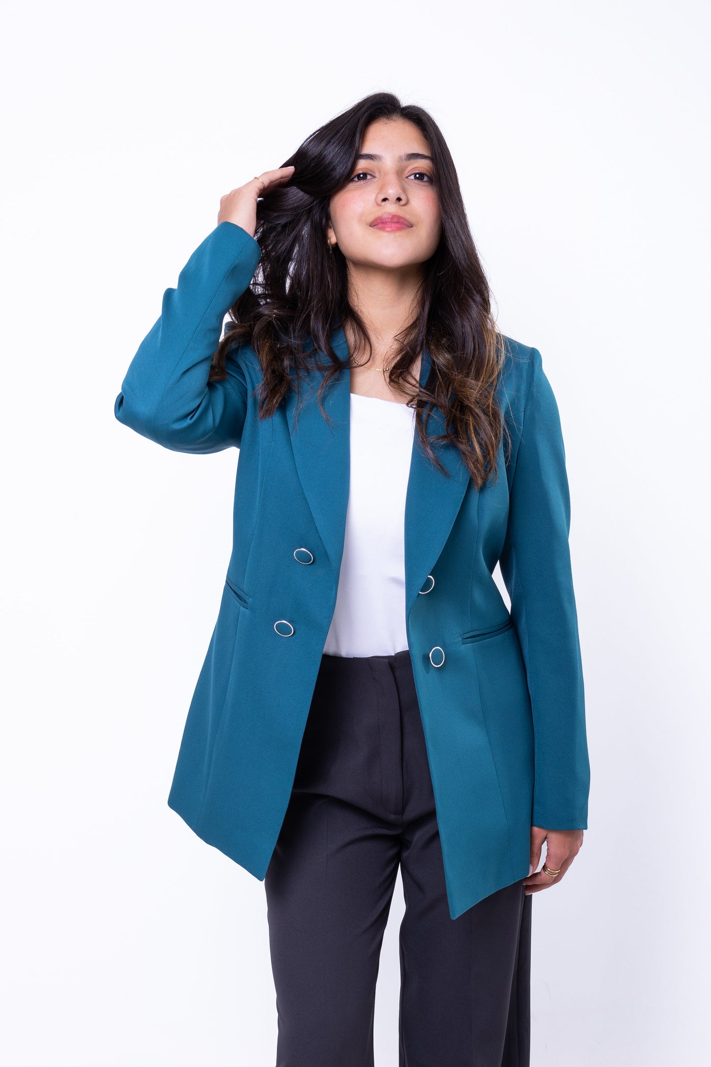 Double-Buttoned Blazer - In Teal - Without Lining