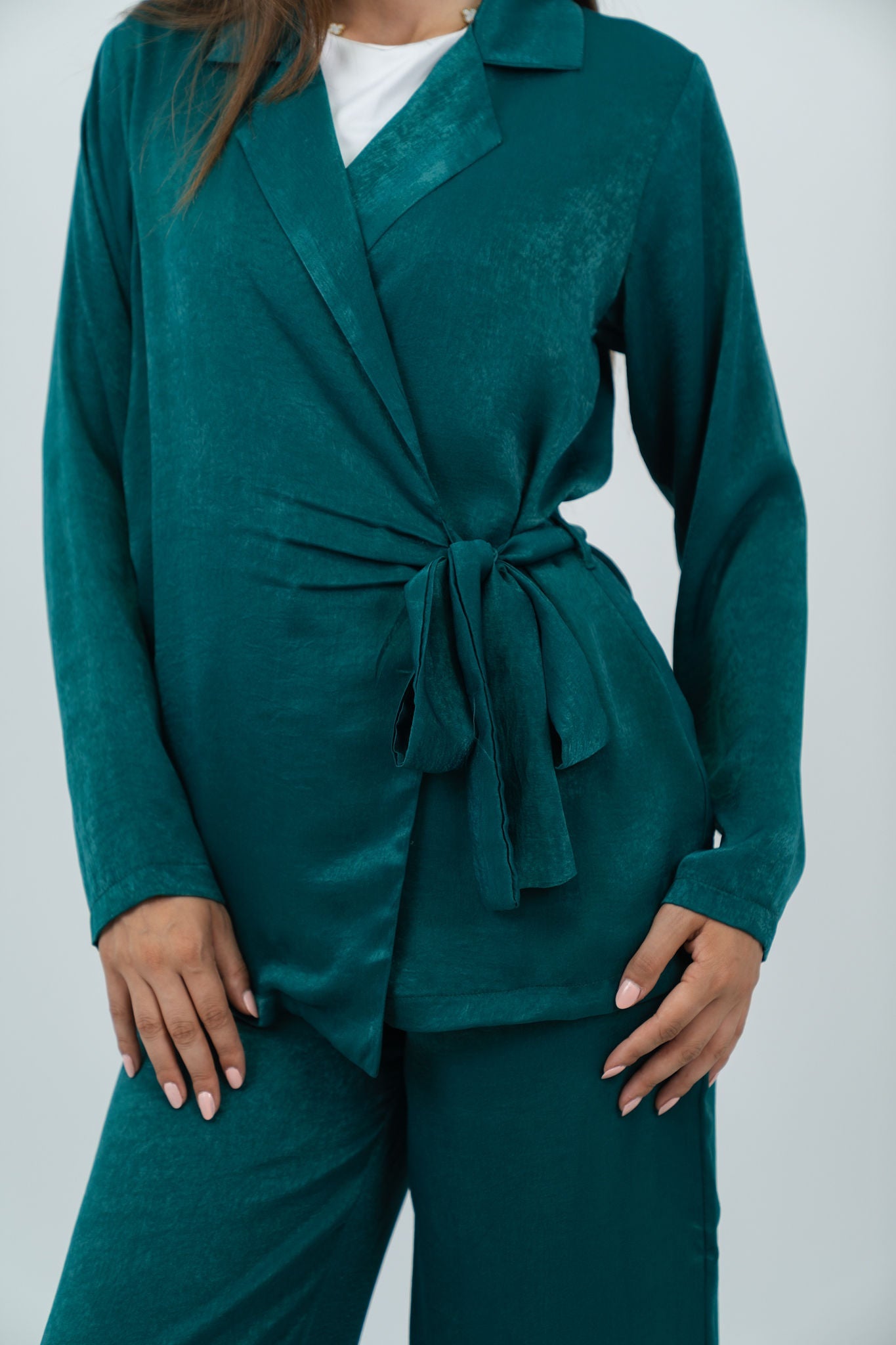 The satin wrap set in deep teal