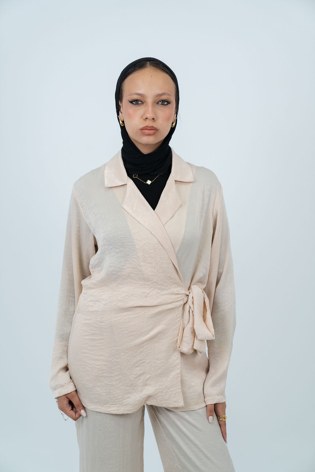 The Satin Wrap Set in beige