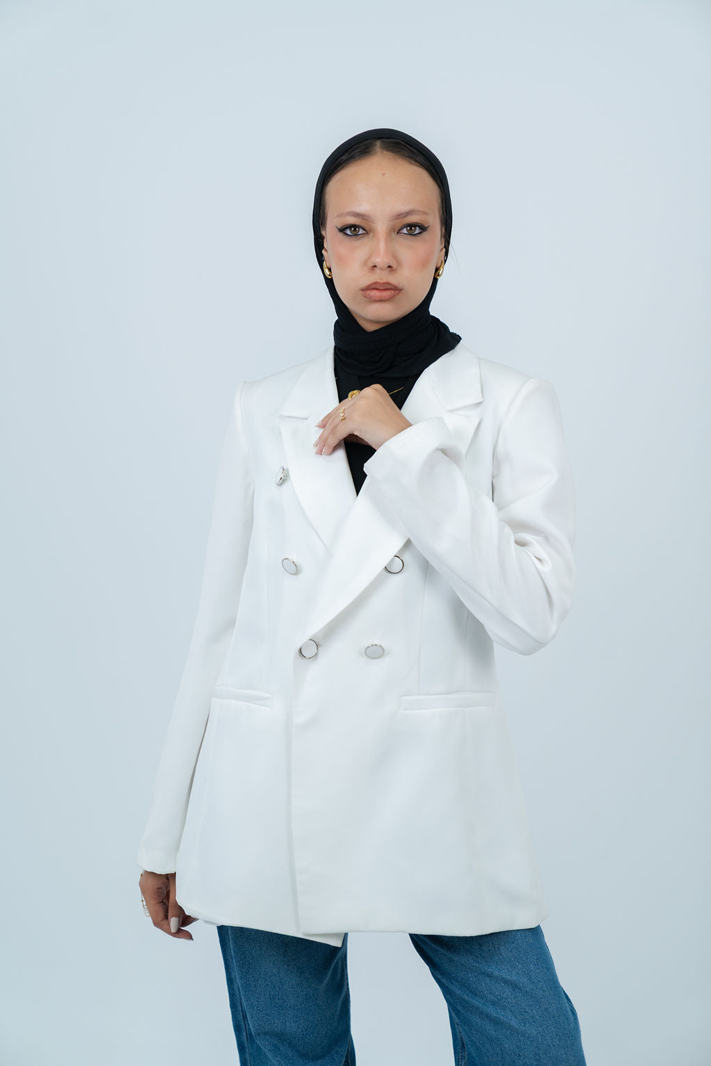 Triple-Buttoned Breasted Blazer - In White - Fully Lined