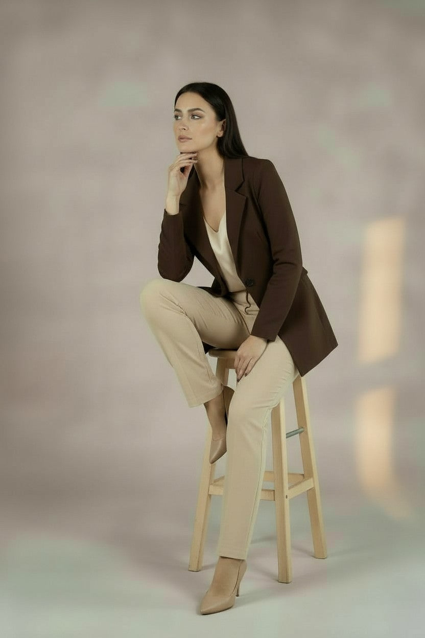One-Button Essential Blazer - In Brown - Fully Lined