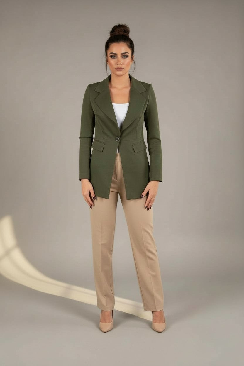 One-Button Essential Blazer - In Olive - Fully Lined