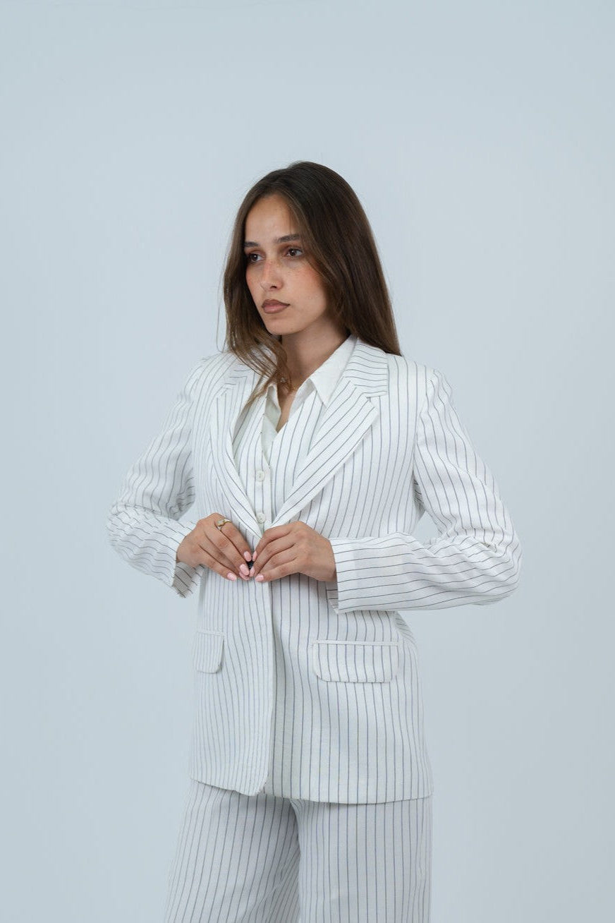 Striped Linen Blazer - In White - Fully Lined