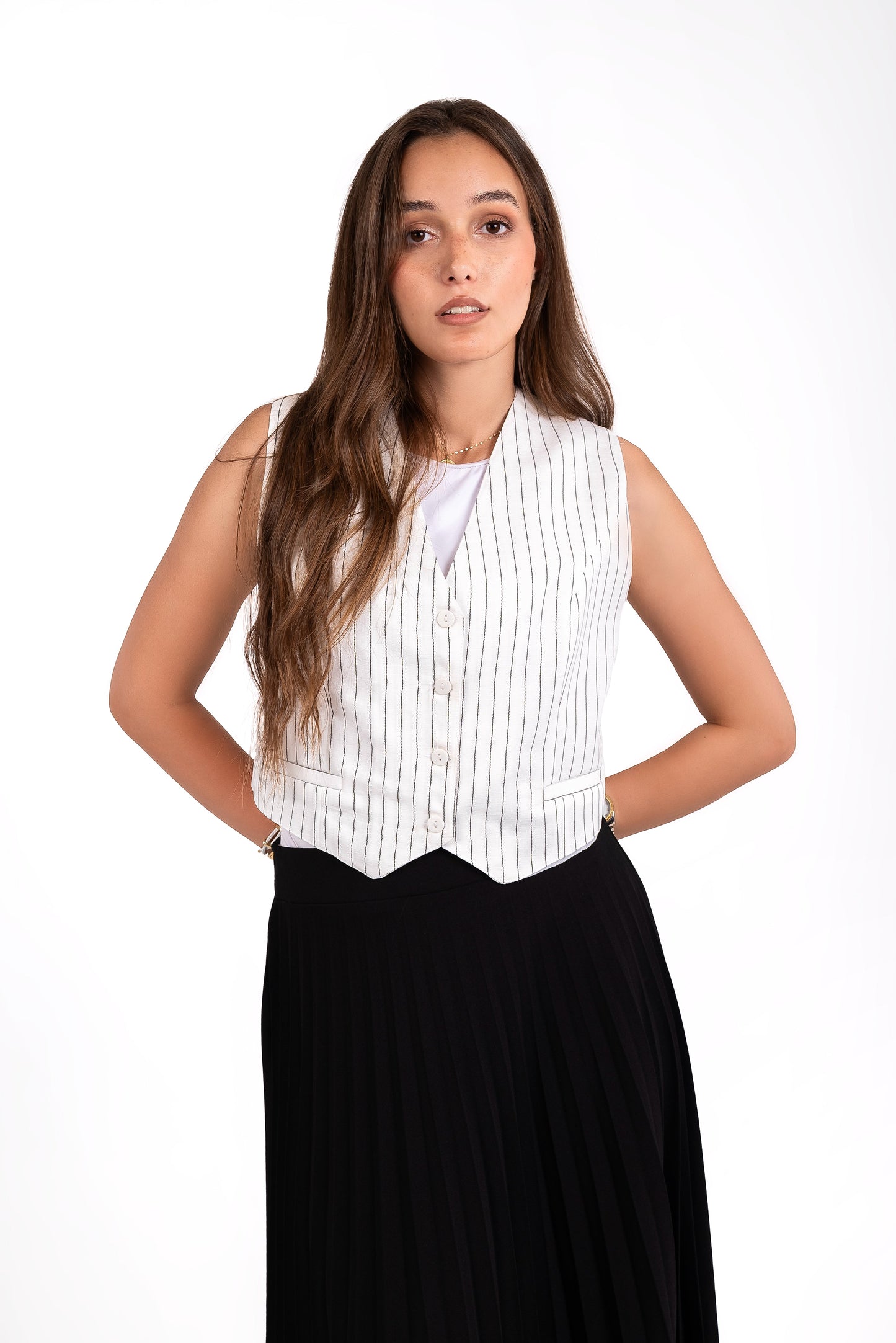 Striped Linen Vest - In White / Black