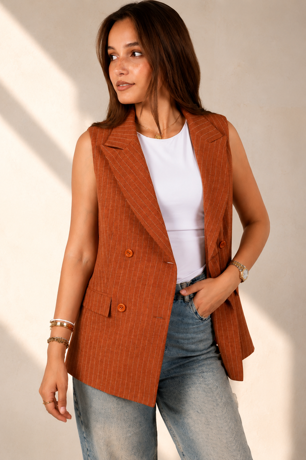 Crossover Striped Linen Vest - In Camel