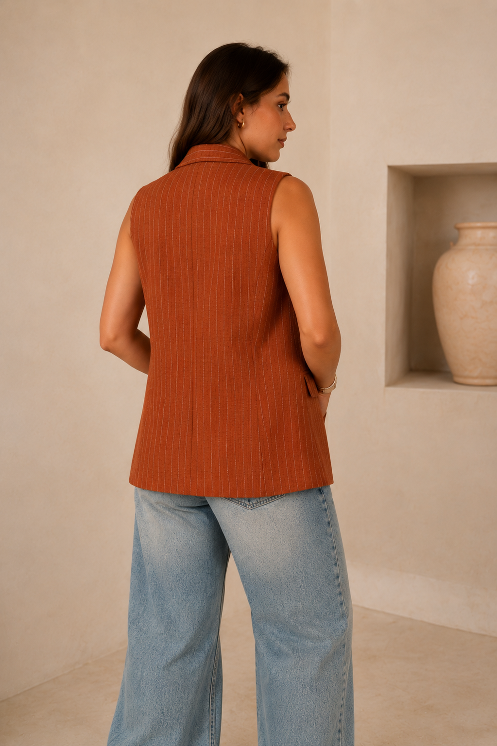 Crossover Striped Linen Vest - In Camel