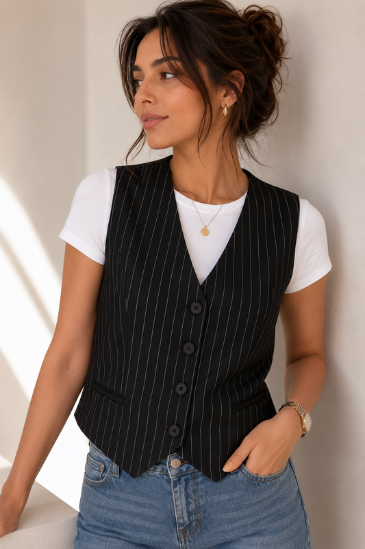 Striped Linen Vest - In Black / White