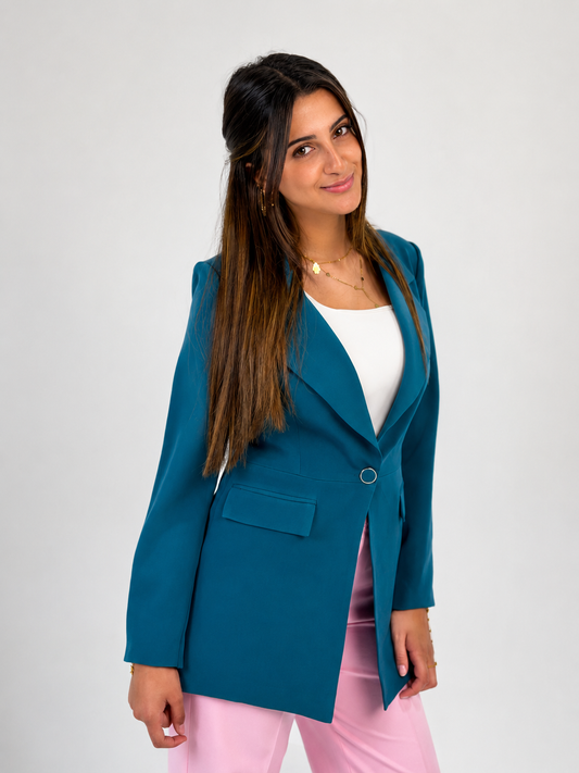 One-Button Essential Blazer - In Teal - Without Lining
