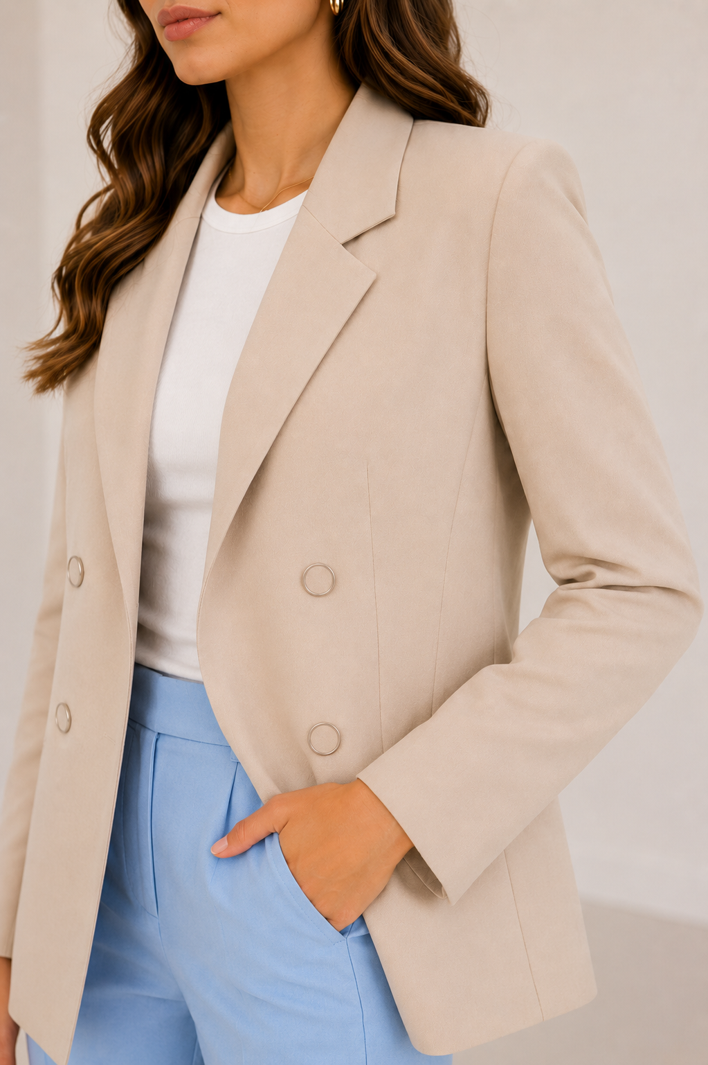 Double-Buttoned Blazer - In Beige - Without Lining