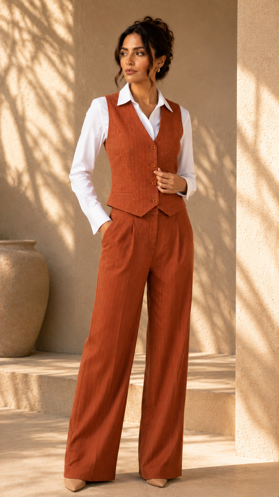 Classic Vest Linen Set - In Camel