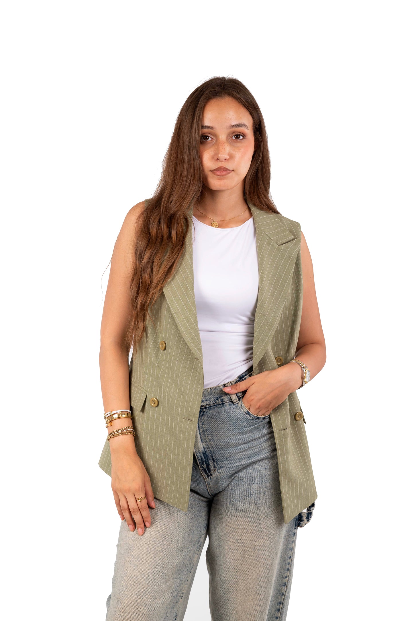 Crossover Striped Linen Vest - In Olive