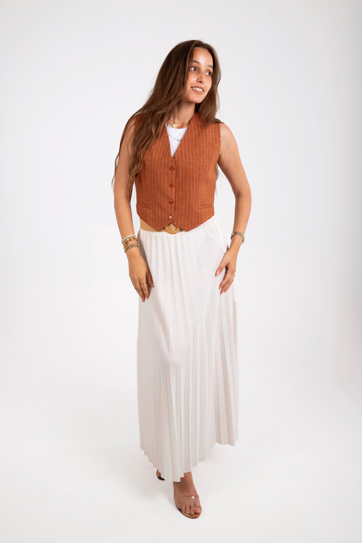 Striped Linen Vest - In Camel