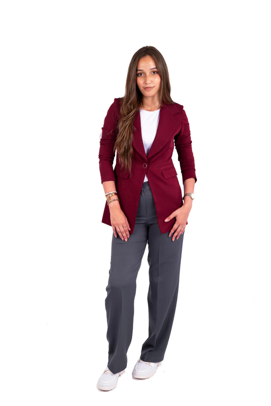 One-Button Essential Blazer - In Burgundy - Fully Lined