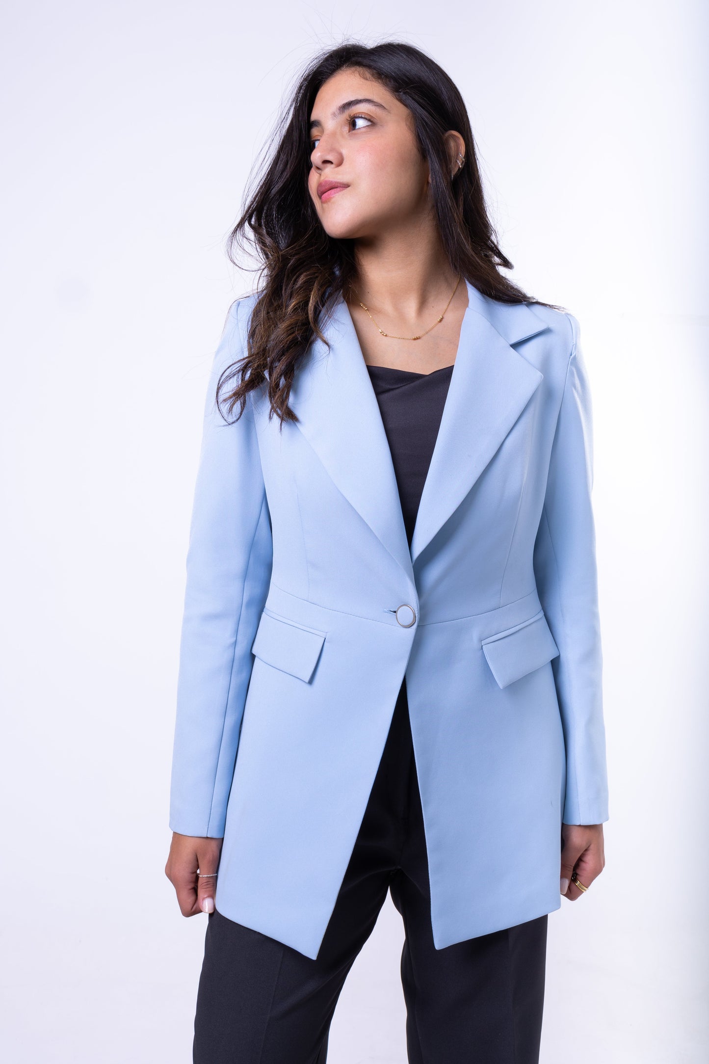 One-Button Essential Blazer - In Baby Blue - Without Lining