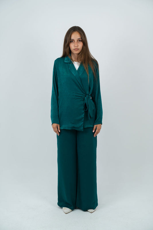 The satin wrap set in deep teal