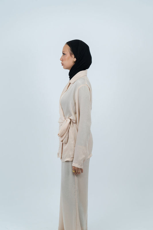 The satin wrap set in beige