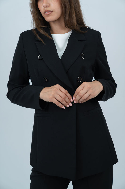 Triple-Buttoned Breasted Blazer - In Black - Fully Lined