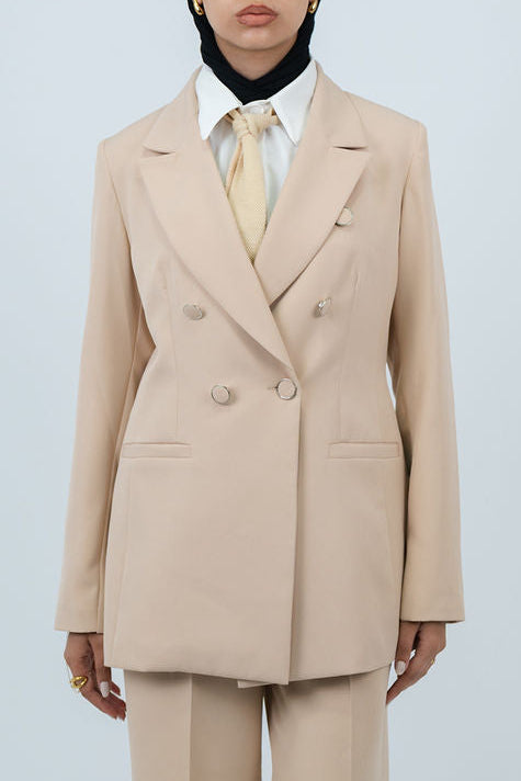 Triple-Buttoned Breasted Blazer - In Beige - Fully Lined
