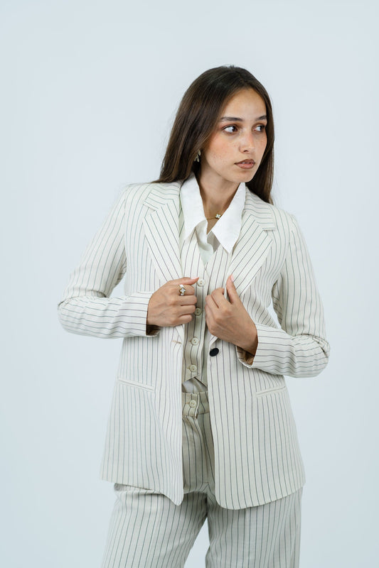 Striped Linen Blazer - In Crème - Fully Lined