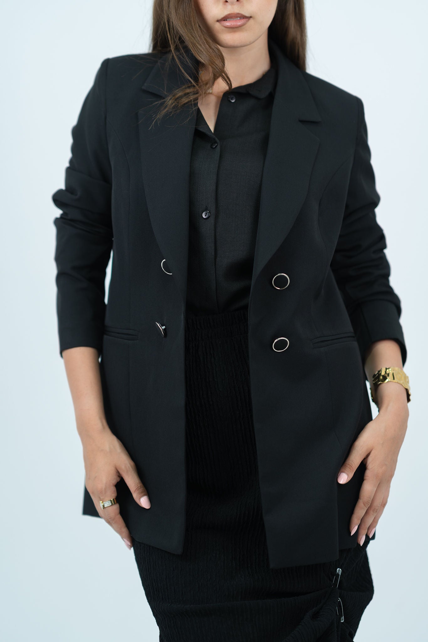 Double-Buttoned Blazer - In Black - Without Lining
