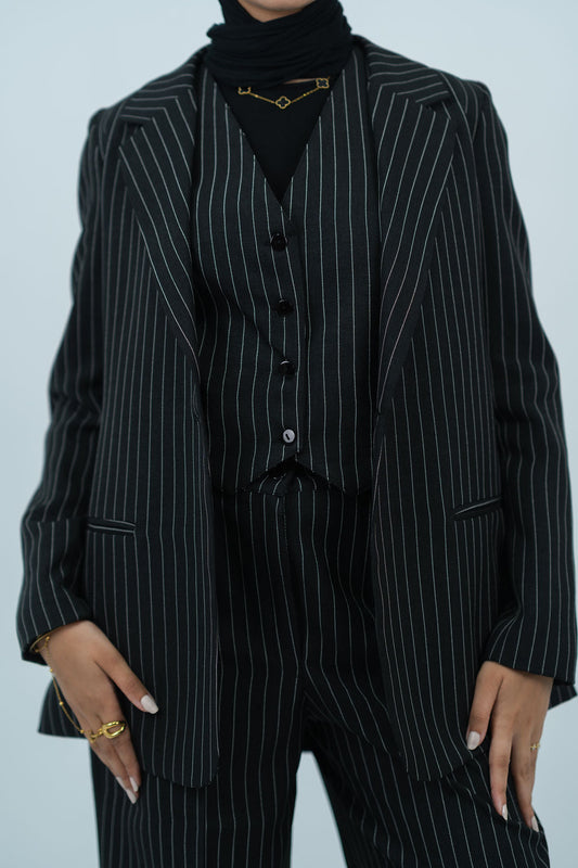 Striped Linen Blazer - In Black - Fully Lined