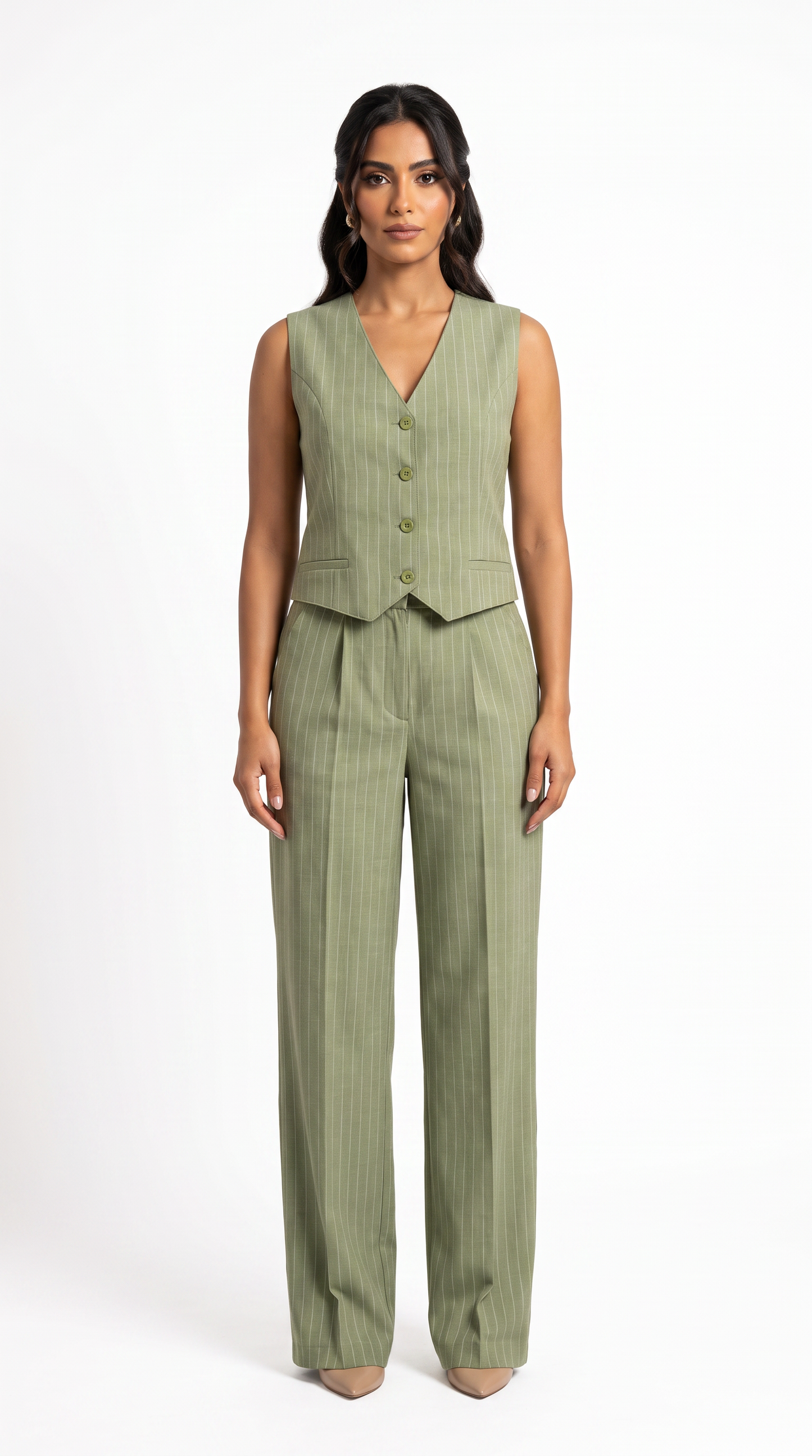 Classic Vest Linen Set - In Olive