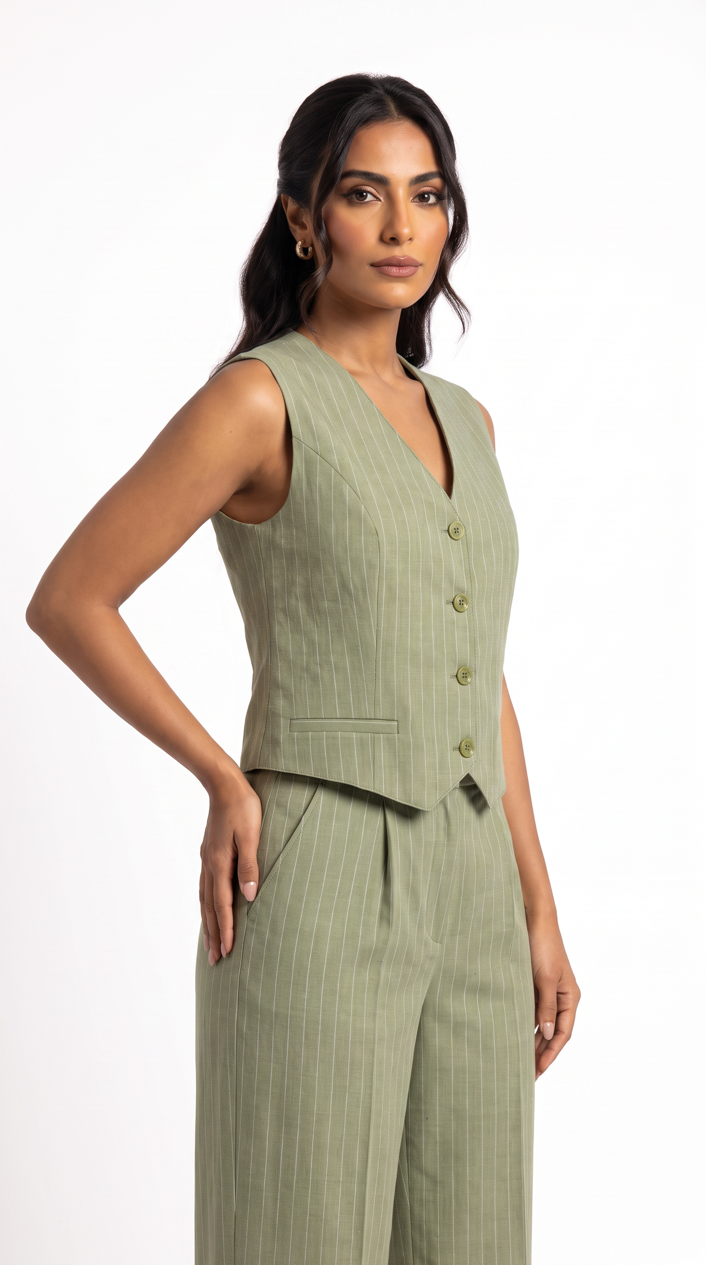 Classic Vest Linen Set - In Olive